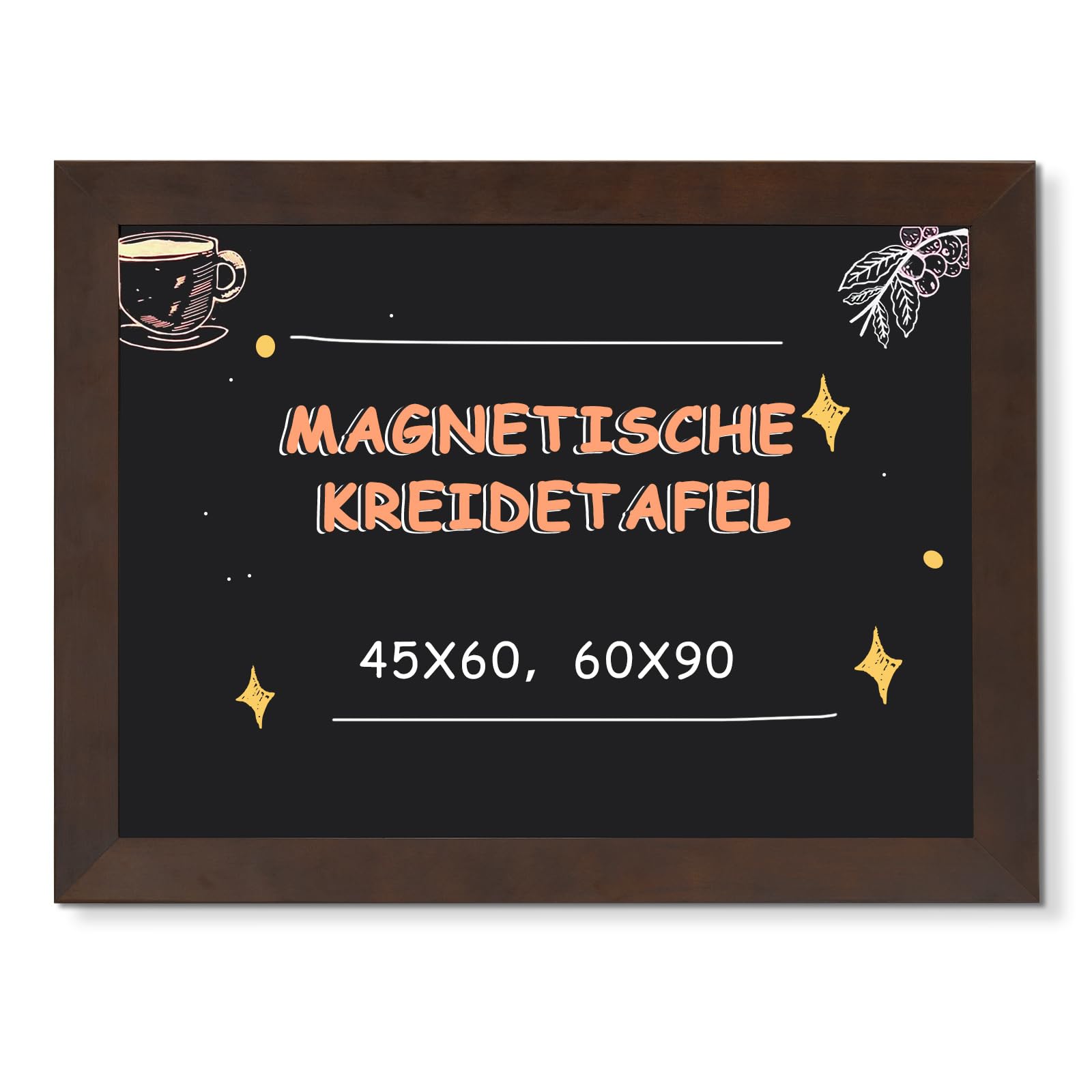 DOLLAR BOSS Magnetische Kreidetafel 60x45cm, Magnettafel Schwarz Blackboard | Rahmen aus massivem Kiefernholz, Wandtafel Kreidetafel zum aufhängen Magnetwand für Küche Bar Café und Büro, Braun