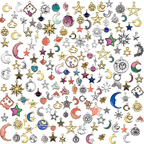 Flymind 170 Pièces Charms Pendentifs en Émail, Lune D'étoile Pendentifs Breloques pour Bracelet Collier Fabrication et Artisanat de Bijoux DIY Cover