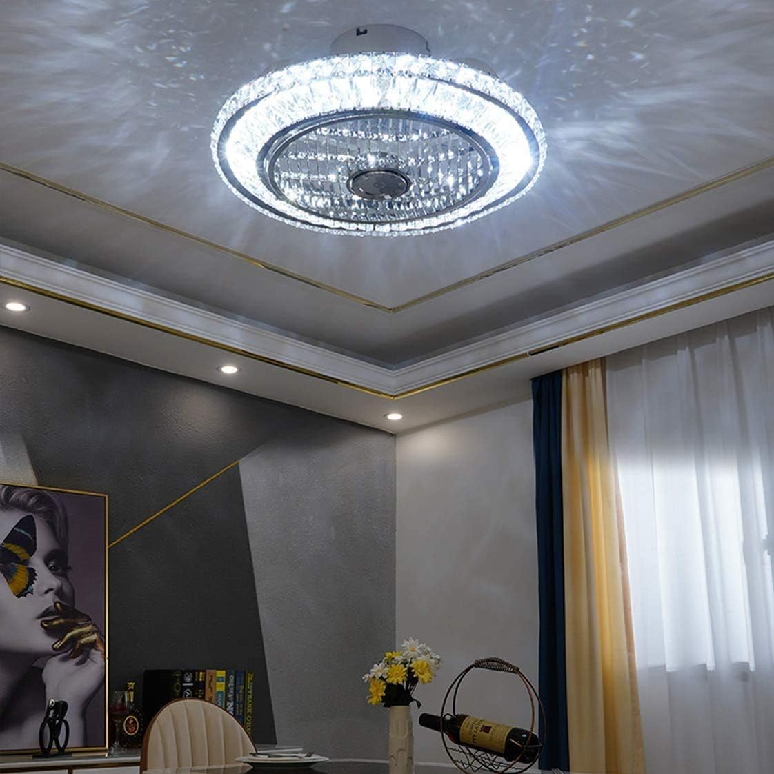 Kryształowy wentylator sufitowy z oświetleniem Lampa sufitowa z wentylatorem LED i zdalnie sterowana lampa sufitowa z wentylatorem 3-kolorowa, regulowana lampa sufitowa z możliwością przycie