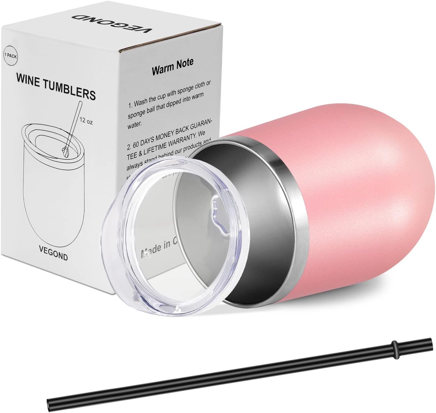 VEGOND 12oz Stainless Steel Wine Tumbler with Lid and Straw, Double Wall Vacuum Insulated Stemless Wine Glass Tumbler Cup, Coffee Mug for Cold Hot Drinks - Image 5