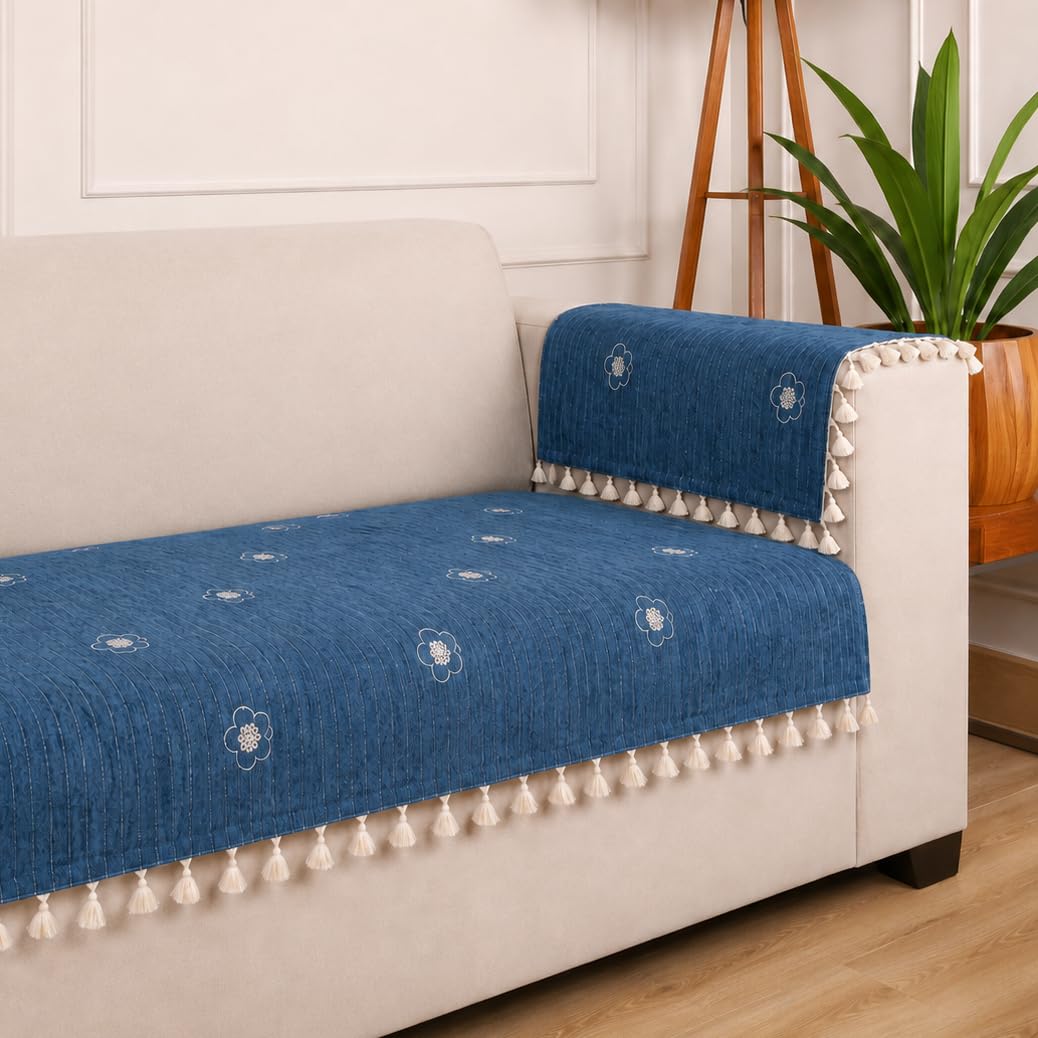 STITCHNEST 'Artisoul Series' Chenille Sofa Cover 2 Seater with 2 Hand Rest Covers | Premium Heavy Fabric, Washable & Fade Resistant | Flower Blue Sofa Protector with Tassels | Size 48x30 Inch