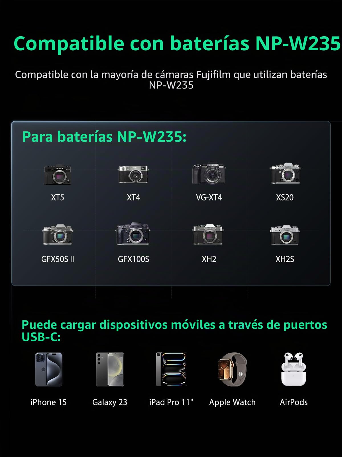llano Cargador rápido de batería Dual NP-W235 para Fujifilm XT5, XT4, VG-XT4, XS20, GFX50S II, GFX100S, XH2, XH2S