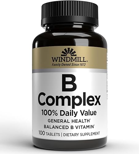 Windmill Complejo de vitaminas B naturales (valor 100% diario), aumenta la producción de energía y promueve el metabolismo, 100 tabletas, 100
