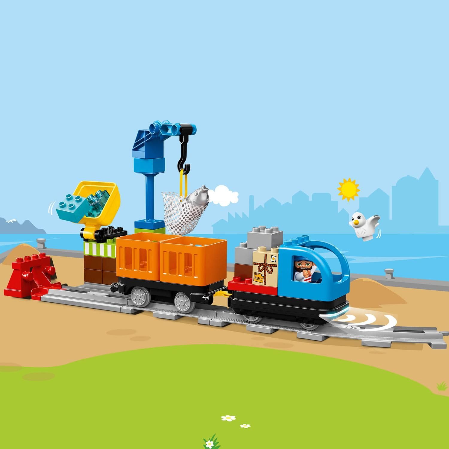 LEGO DUPLO Güterzug, „Push & Go“-Lok mit Lichtern und Geräuschen, Funktionssteinen und 2 Kranen, Spielzeug für Mädchen und Jungen ab 2 Jahren 10875