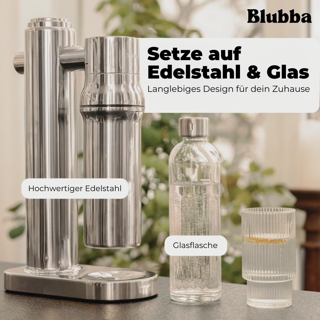Wassersprudler Edelstahl mit Glasflasche 650 ml – BPA-frei, geschmacksneutral, spülmaschinengeeignet. Edle Sodamaschine für feinperliges Sprudelwasser. Soda Maker.