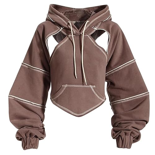 Pooyikoi Crop Hip Hop Hoodies Women Pullover Spring Autumn Cutout Backless Bandage Short Hooded Sweatshirt Tracksuit - Large - Coffee