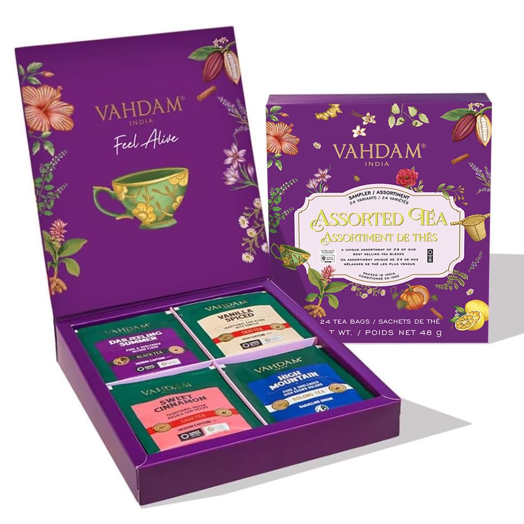 VAHDAM, Assorted Tea in Presentation Box (24 Variants, 24 Pyramid Tea Bags) Long Leaf Pyramid Variety Pack | Premium Tea Gifts | Gifts for Women & Men
