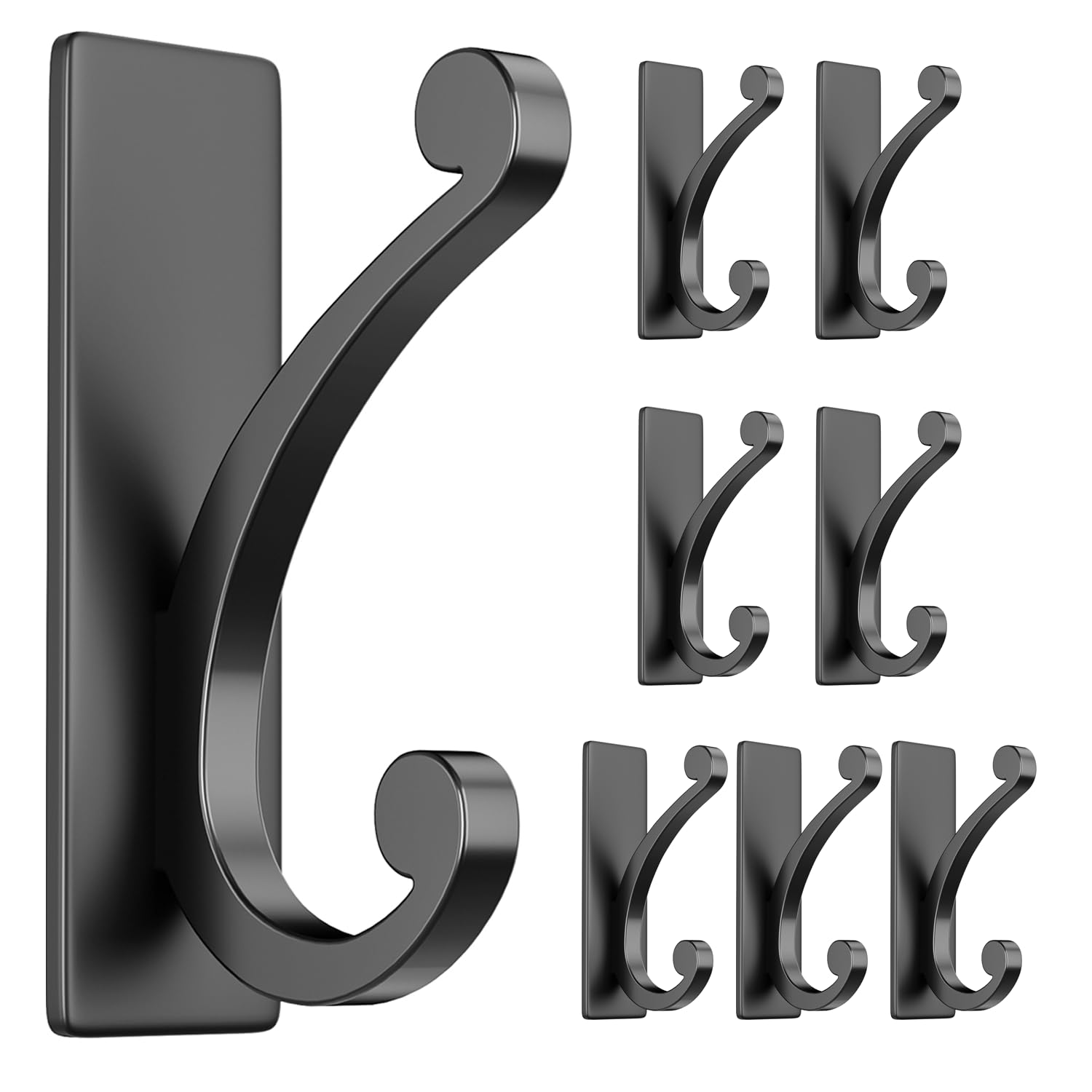 8-Pack Adhesive Coat Hooks for Door: 10LB Designer Wall Hook for Hanging Towel, Bathroom, Heavy Duty Stainless Stick on Hanger, Black