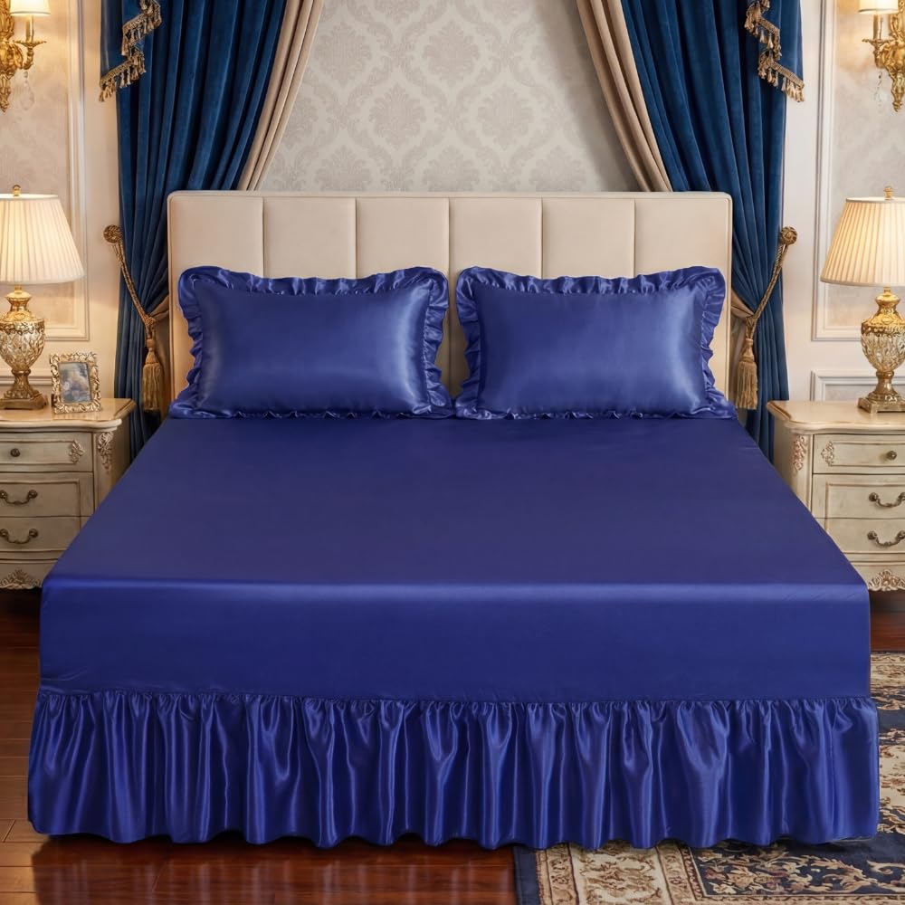 Luxury Satin Silk Valance Sheet 30cm Deep Fitted with 35cm Frill | Smooth Gloss Finish | Single Double King Super King (NAVY-BLUE, DOUBLE)