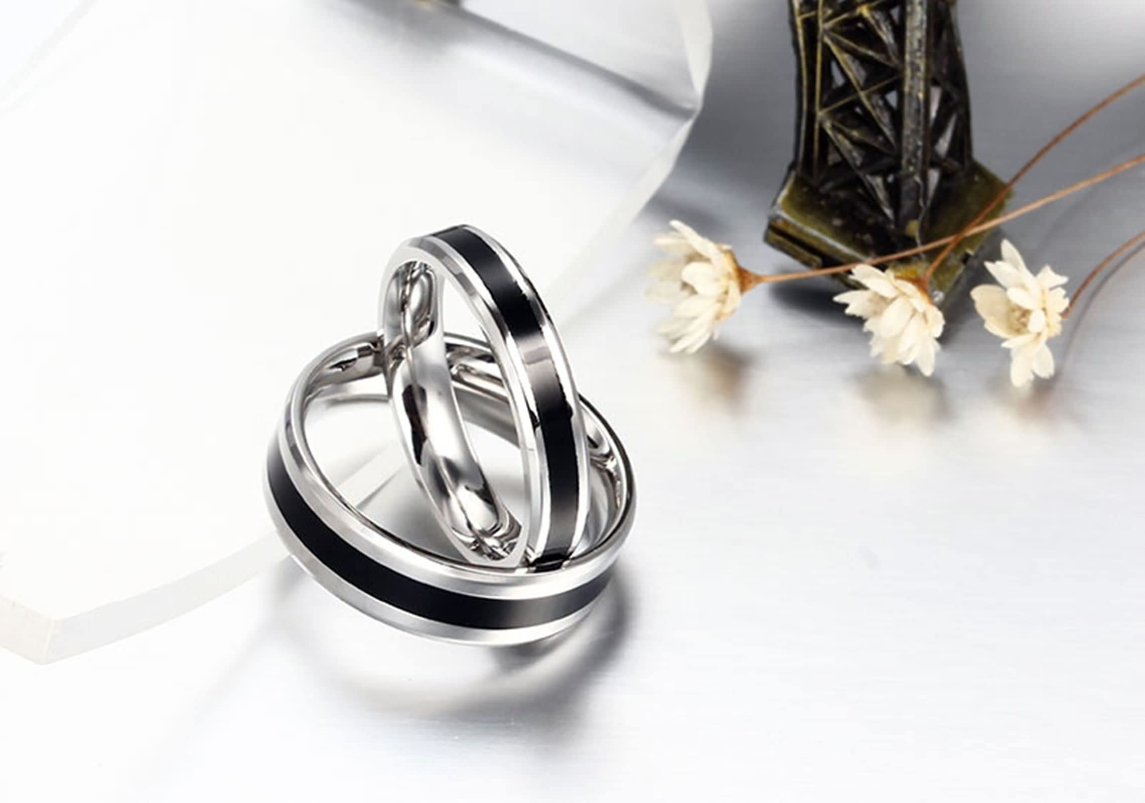 Anillo Mujer Anillos Hombre,Anillos Personalizables Pareja Anillos Pareja Acero Inoxidable Plata Negro 4/6MM con Redondo Pulido Anillo Alianza Pareja
