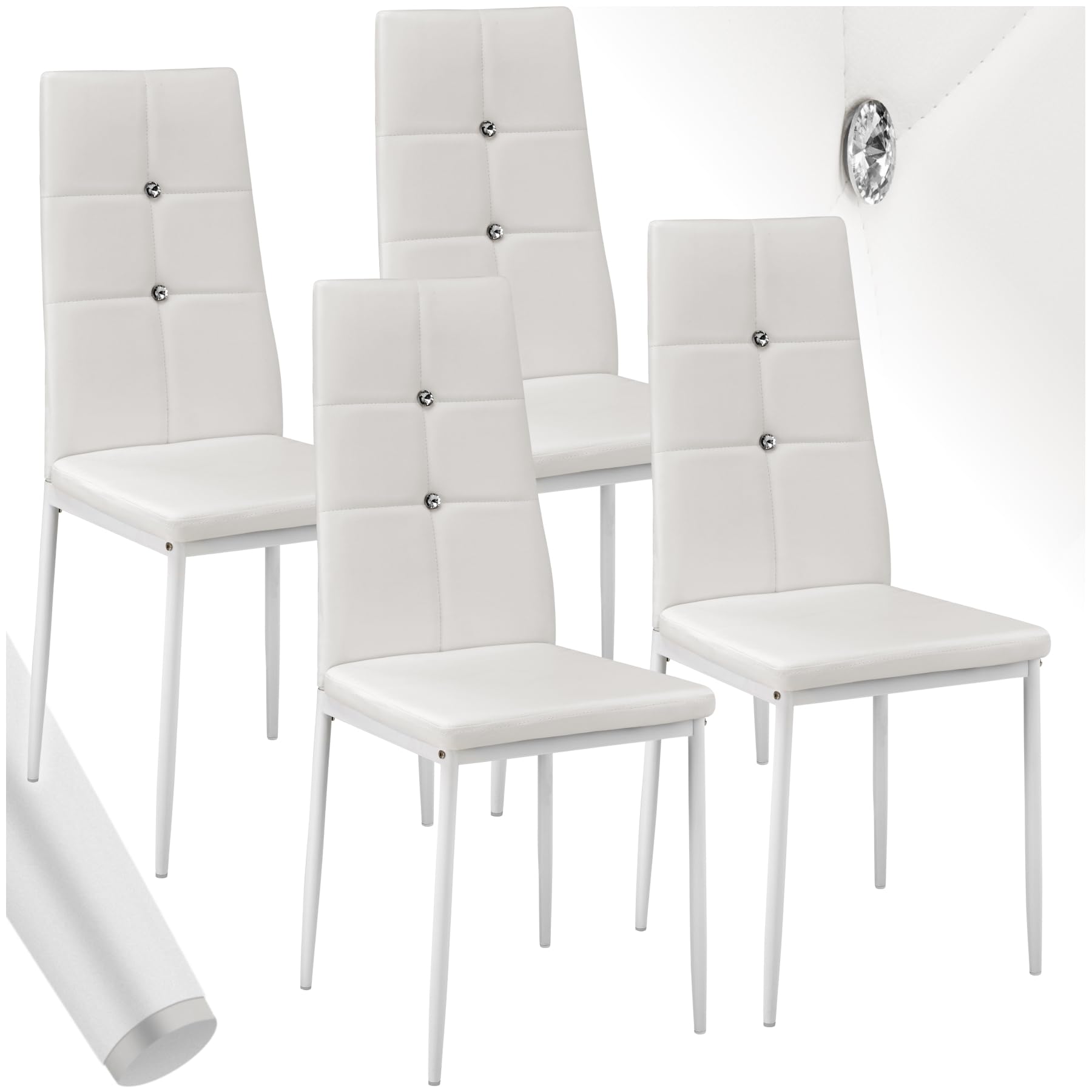 tectake® Set of 4 Dining Chairs with Faux Leather Covers & Rhinestones, Dining Chair Set with High Backrests, Slim Steel Legs & Soft Padding, Ideal as Kitchen & Desk Chairs - White — image 1