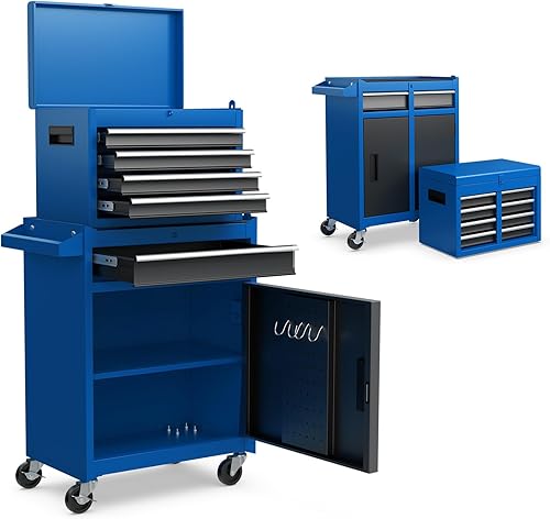 Goplus Cofre de herramientas con ruedas, organizador de 5 cajones con ruedas bloqueables y cajones deslizantes, parte superior desmontable y estante