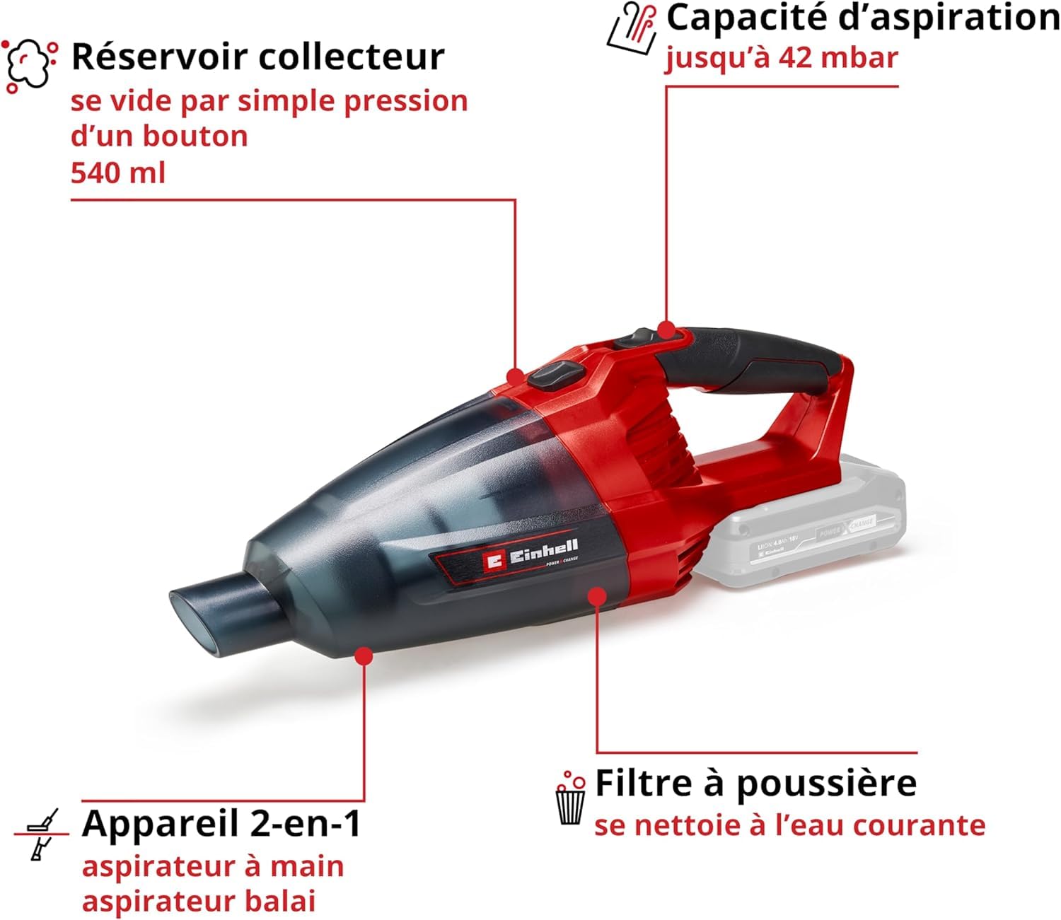 Einhell Aspirateur à Main sans Fil Te-VC 18 Li Solo -Power X-Change (18V, Livré avec Accessoires (Buse, buse à rainures...), Bac à poussiere 540ml) Livré sans Batterie ni Chargeur