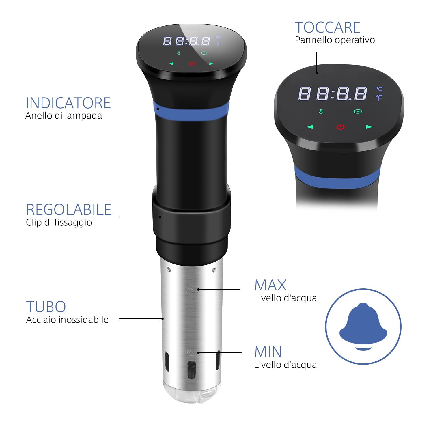 Sous Vide garnek do gotowania sous vide ze stali nierdzewnej, powolny garnek z wyświetlaczem dotykowym LED, 1000 W, z precyzyjną regulacją temperatury i timerem, w zestawie książka kucharska, szary