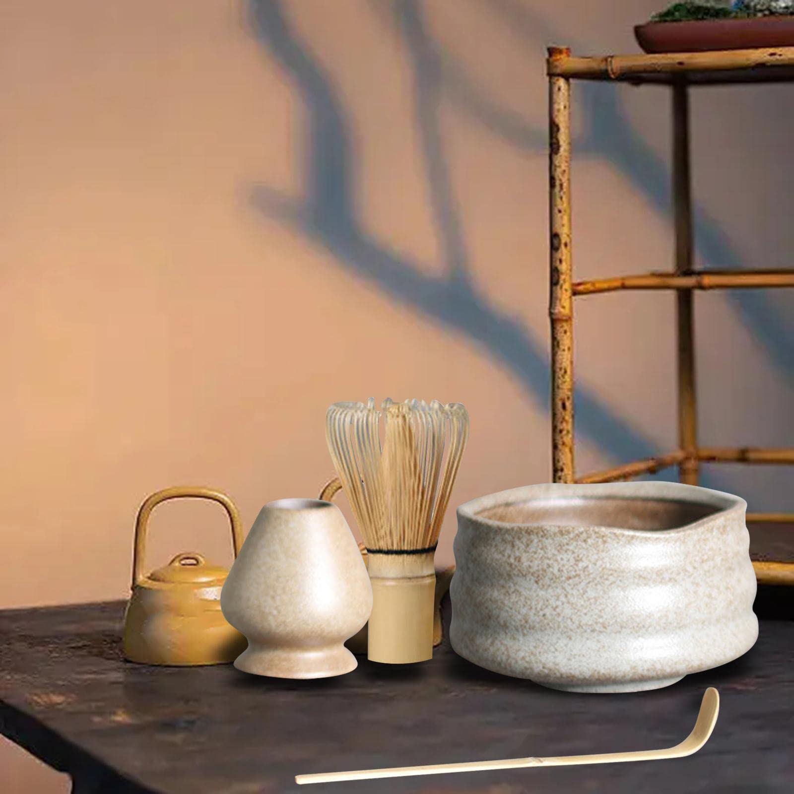 AAGAZA Handmade Matcha Whisk Set Ceramic Whisk Holder Matcha Ceremony Kit Matcha Spoon Matcha Bowl for Restaurant Dining Room Kithen Home Teahouse, Apricot/1301