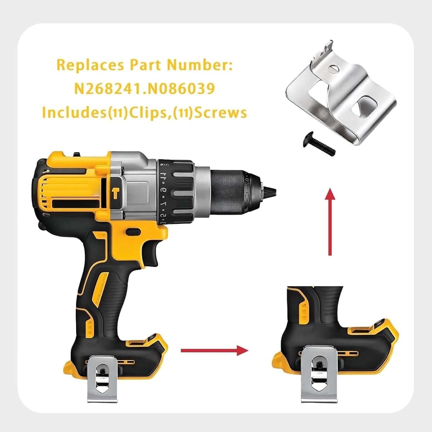 N268241 N086039 Belt Clips, 11pcs 304 Stainless Steel Drill Tool Clips with Screws Compatible with dewelt 20V Power Tools DCD985 DCD980 DCD985L2 DCD980L2