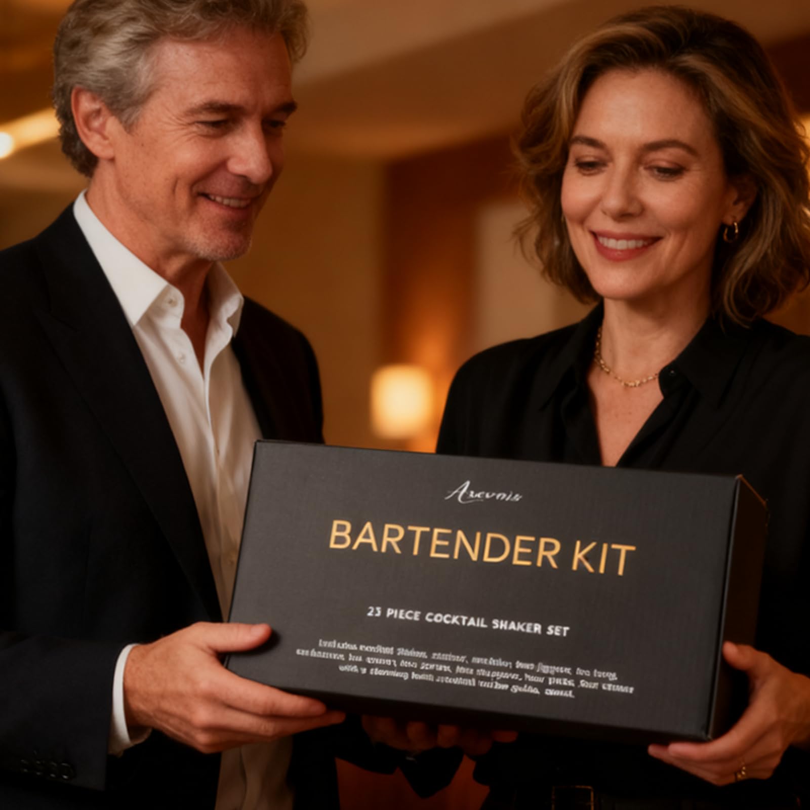 Kit shaker à cocktails avec support | Ensemble de 23 pièces pour barman avec tous les accessoires essentiels : shaker à martini, doseur, pour la maison, le bar et les fêtes (chocolate-F)