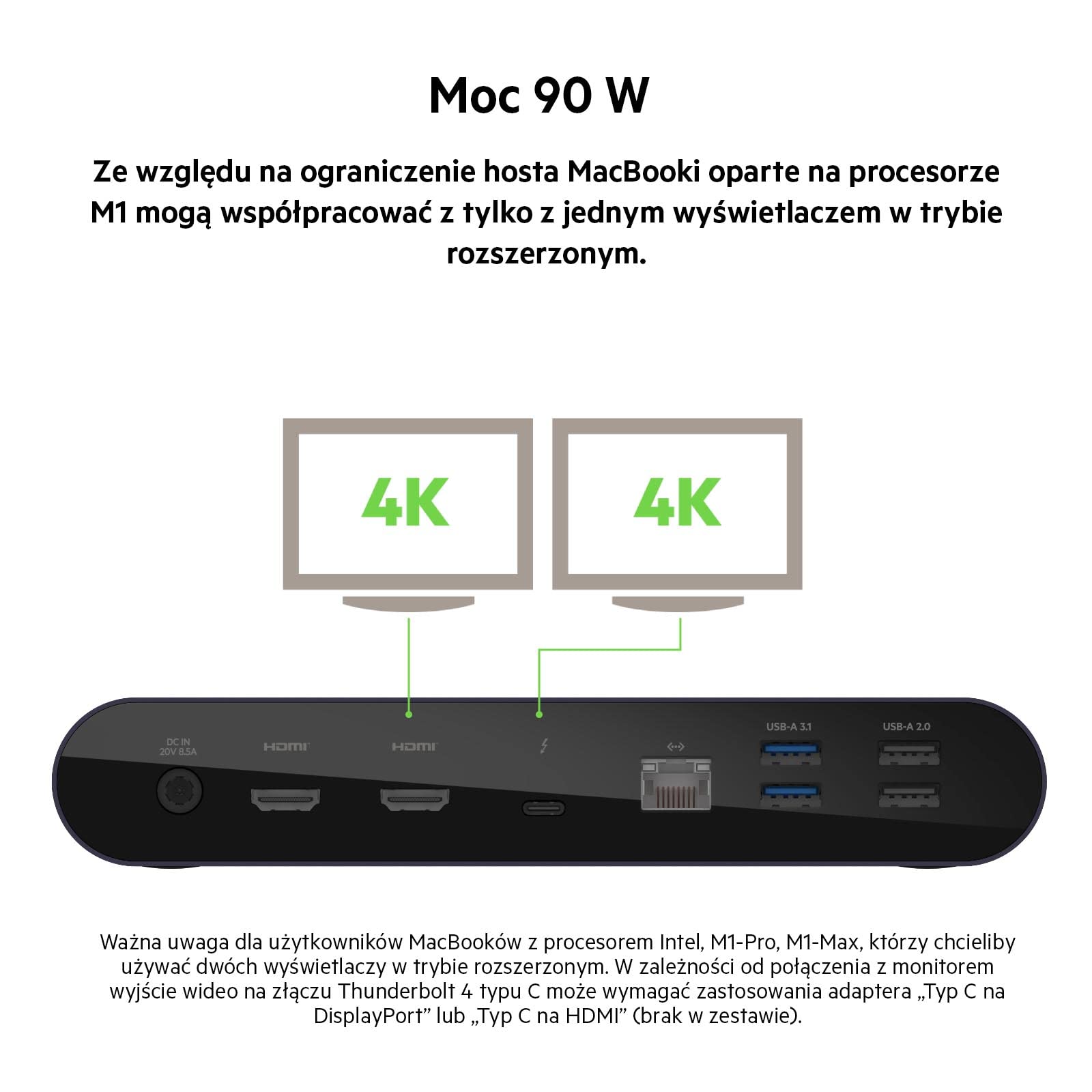 Belkin Thunderbolt 4 Dock Pro, odpowiedni dla 1 monitora (8K @ 60Hz) lub 2 monitorów (4K), 2 porty Thunderbolt 4, 2 porty HDMI, 90W PD, wejście/wyjście audio, w tym MacBook Pro i XPS, Szary