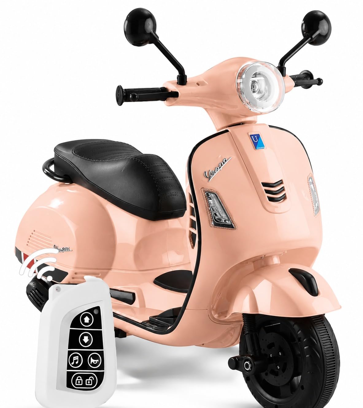 SKYA STAR 12V Vespa Rechargeable Battery Ride-On Scooter for Kids with Remote Control, Music, LED Lights & Training Wheels - Safe & Fun Electric Motorcycle for Ages 1-6 - Pink-image-1