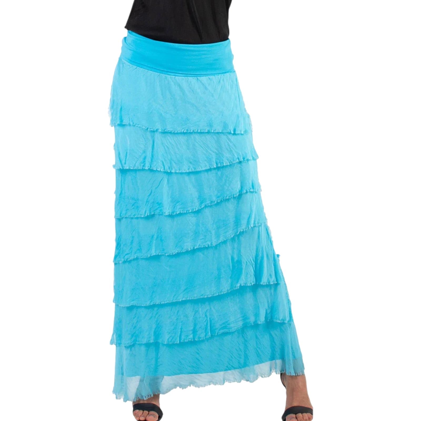 Alam Exclusive Women's Dress Lagenlook Silk Skirt Flap Over Italian Shredded Ladies Elegant Ruffle Frill Party Summer Layer Look Plain Pleated Layer Resort Wear (Turquise)