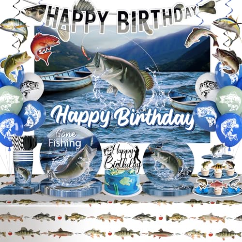 Image of 219Pcs cocomigo Fishing Birthday Party Decorations Tableware Set, 25 Serves