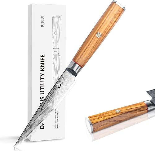 Damasco Cuchillo utilitario - Cuchillo de cocina pequeño de 5 pulgadas Damasco VG10 de acero de 67 capas - Mango de madera de olivo - Cuchillo de