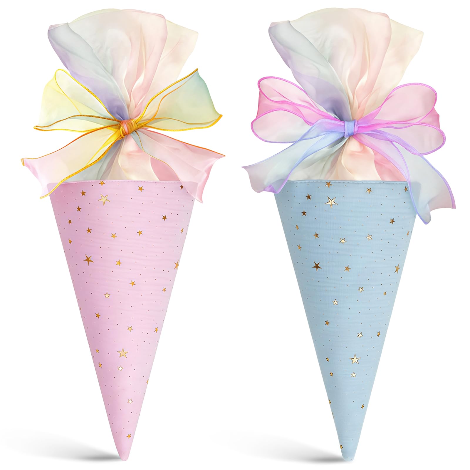 HUNUH 2PCS First Day at School Cone Gift Bag for Girls Boys, Fabric Gift Bags, Large Capacity,Stationery,Candy, Toy Fabric Cone-Shaped Filling Bags, Blue and Pink