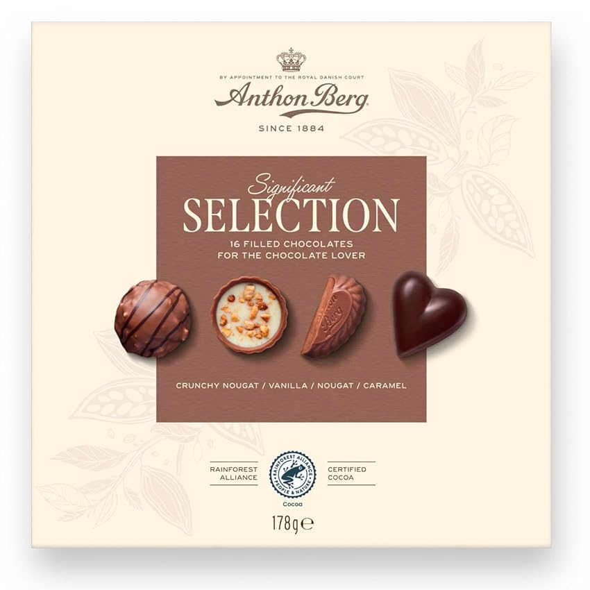 Anthon Berg – Cioccolatini Assortiti Significant Selection, Scatola Regalo da 178g, 16 Cioccolatini Ripieni Gourmet con Cacao Certificato Rainforest Alliance
