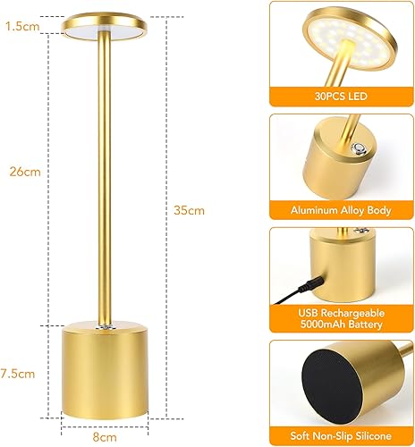 Miniatura 3 de Litake Lámpara de mesa dorada recargable, 2 piezas, lámpara de escritorio inalámbrica LED de 5000 mAh, funciona con pilas, luz de mesa portátil,