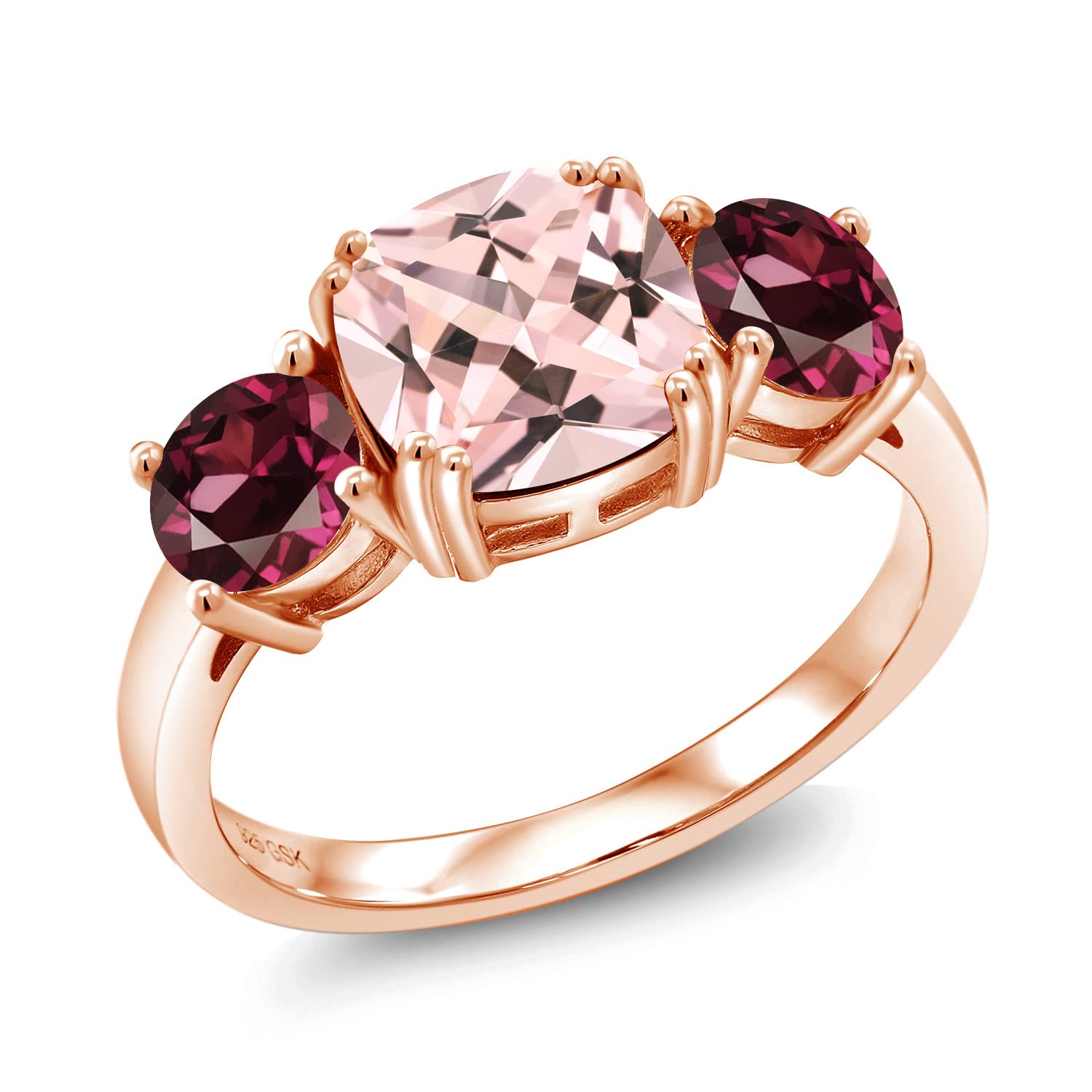Gem Stone King18K Rose Gold Plated Silver Peach Nano Morganite and Red Rhodolite Garnet 3 Stone Engagement Ring For Women (3.20 Cttw, Gemstone October Birthstone, Cushion 8MM, Available in Size 5,6,7,8,9)