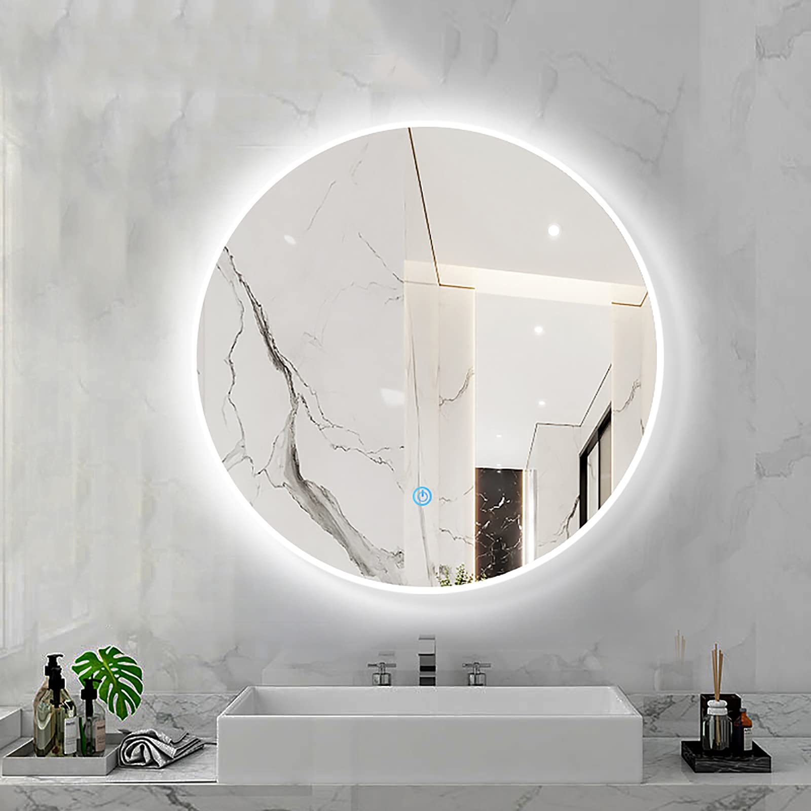 SXFSDOU Illuminated Bathroom Mirror with Sensor Touch Control 3 Colour Dimming Function Wall Mounted LED Backlit Makeup Aluminum Alloy Frame White 40X40CM