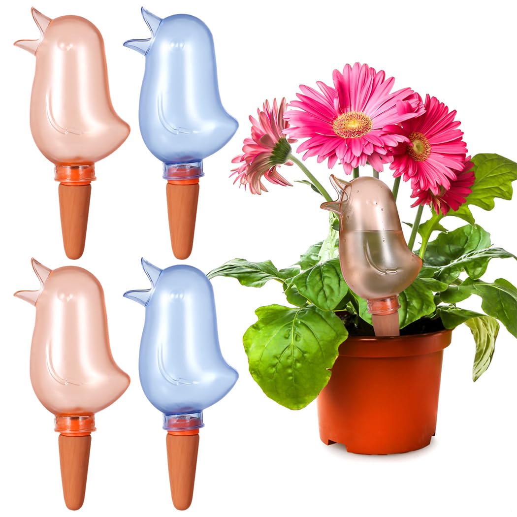Lot de 4 piquets d'arrosage automatique en forme d'oiseau, système d'arrosage automatique pour plantes d'intérieur et d'extérieur, goutteurs d'eau pratiques pour pots