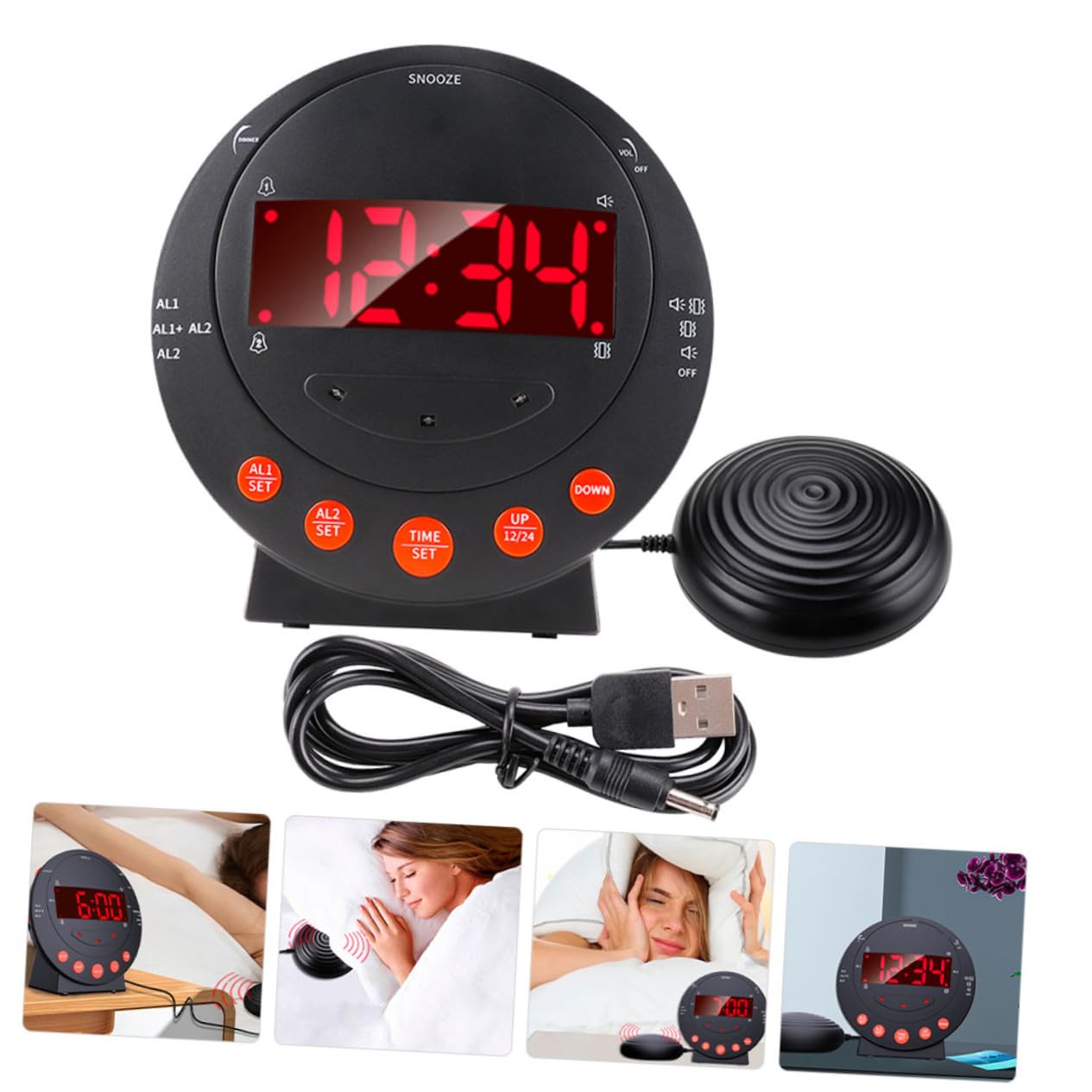 Toyvian Vibrationswecker Schwarzem Kunststoff Großen Digitalen Zahlen Starker mit Einstellbarer Helligkeit aus mit USB Kabel und für Tiefschläfer und Hörgeschädigte