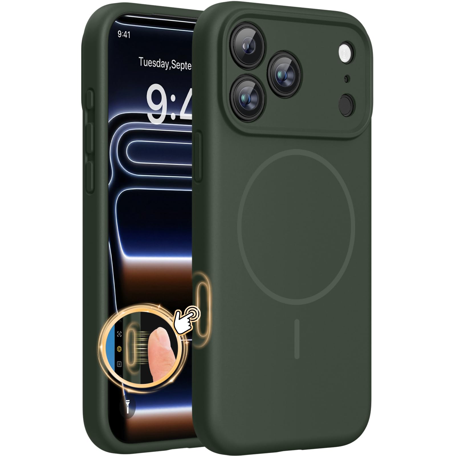 Miracase Magnetic for iPhone 17 Pro Case, Compatible with MagSafe, Integrated Silicone Camera Control Cover, 3.0mm Thicken Shockproof Drop Protection Phone Case for 17 Pro,Dark Green