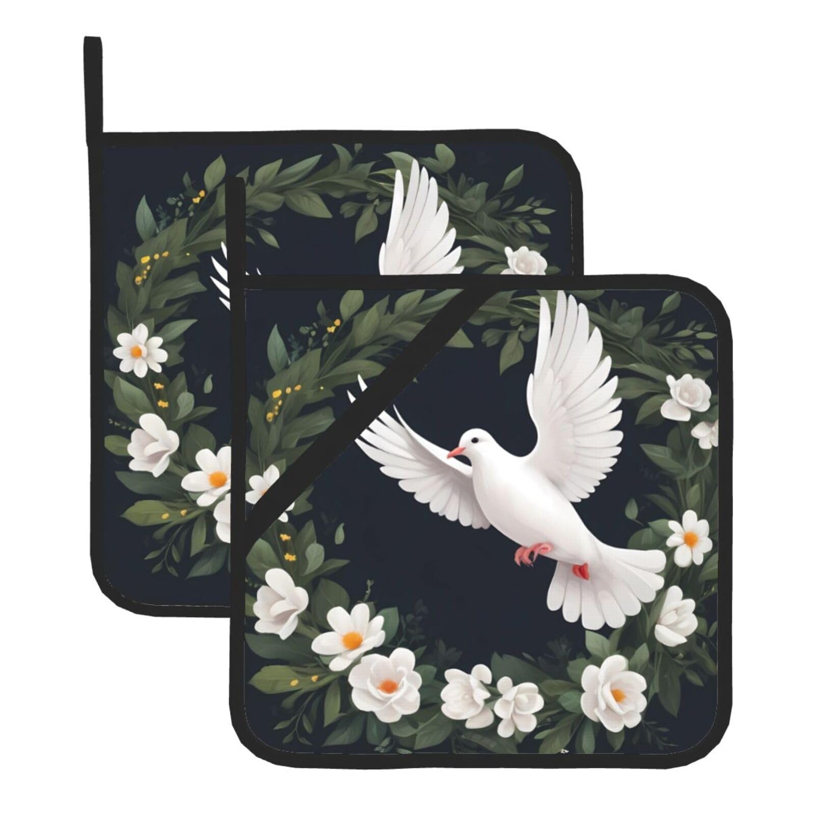 HJFCZH White Dove in The Garland Printed Square Insulated Pot Mat Set (2-Piece) 8x8in Waterproof, Thickened & Easy to Clean with Lanyard Design for Kitchen, Oven & BBQ