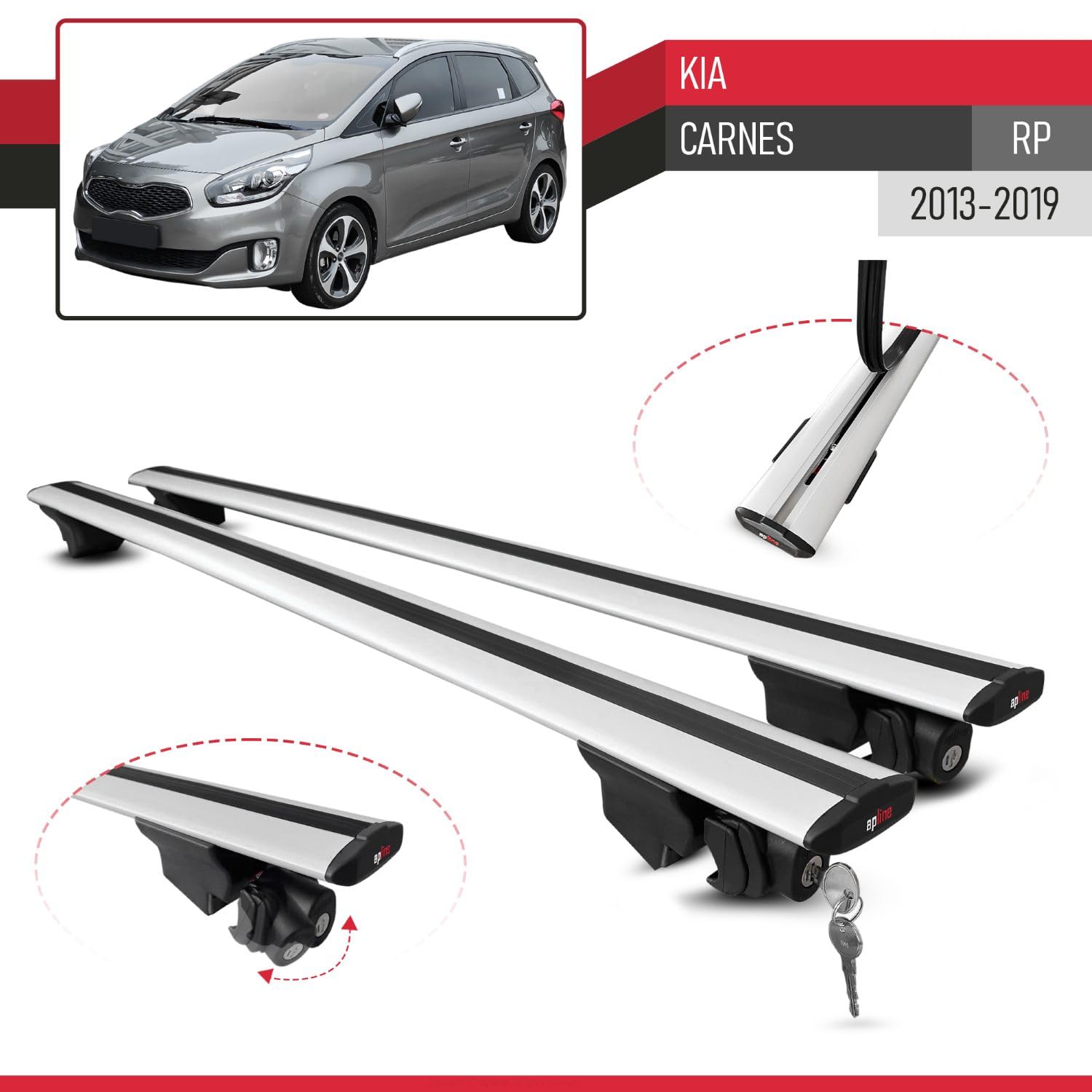 Compatible con Kia Carens (RP) 2013-2019 Modelo Hook Barra de Techo Auto Portaequipajes Barras Transversales Gris Aluminio 2 Barras