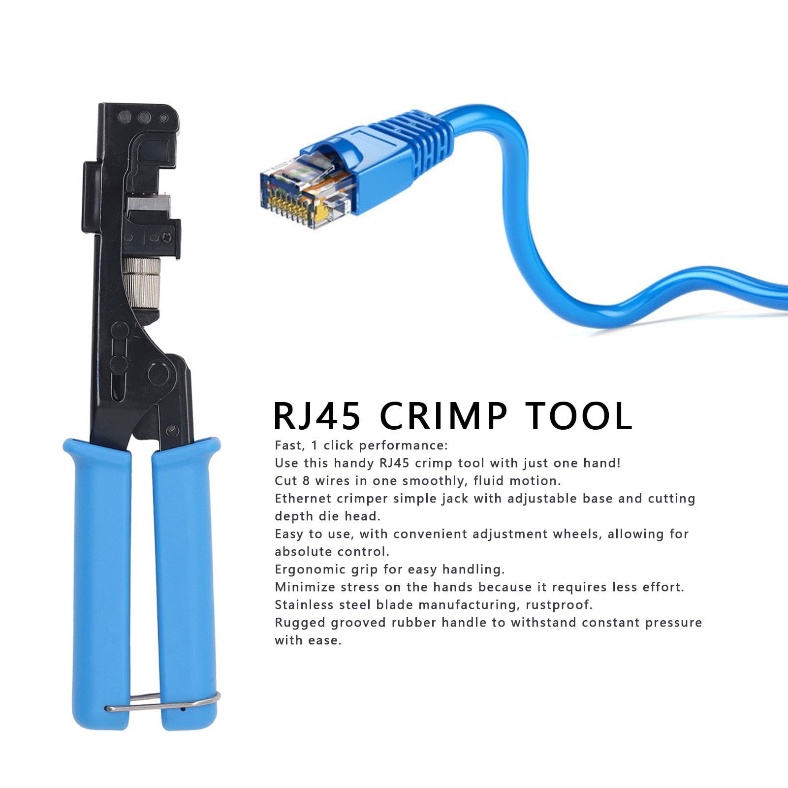 Crimpatrice RJ45 Base Regolabile e Modulo di profondità di Taglio Rotella di Regolazione Facile da Usare Maniglia Ergonomica Comoda Crimpatura Jack UTP Cat5e Cat6A Cat6