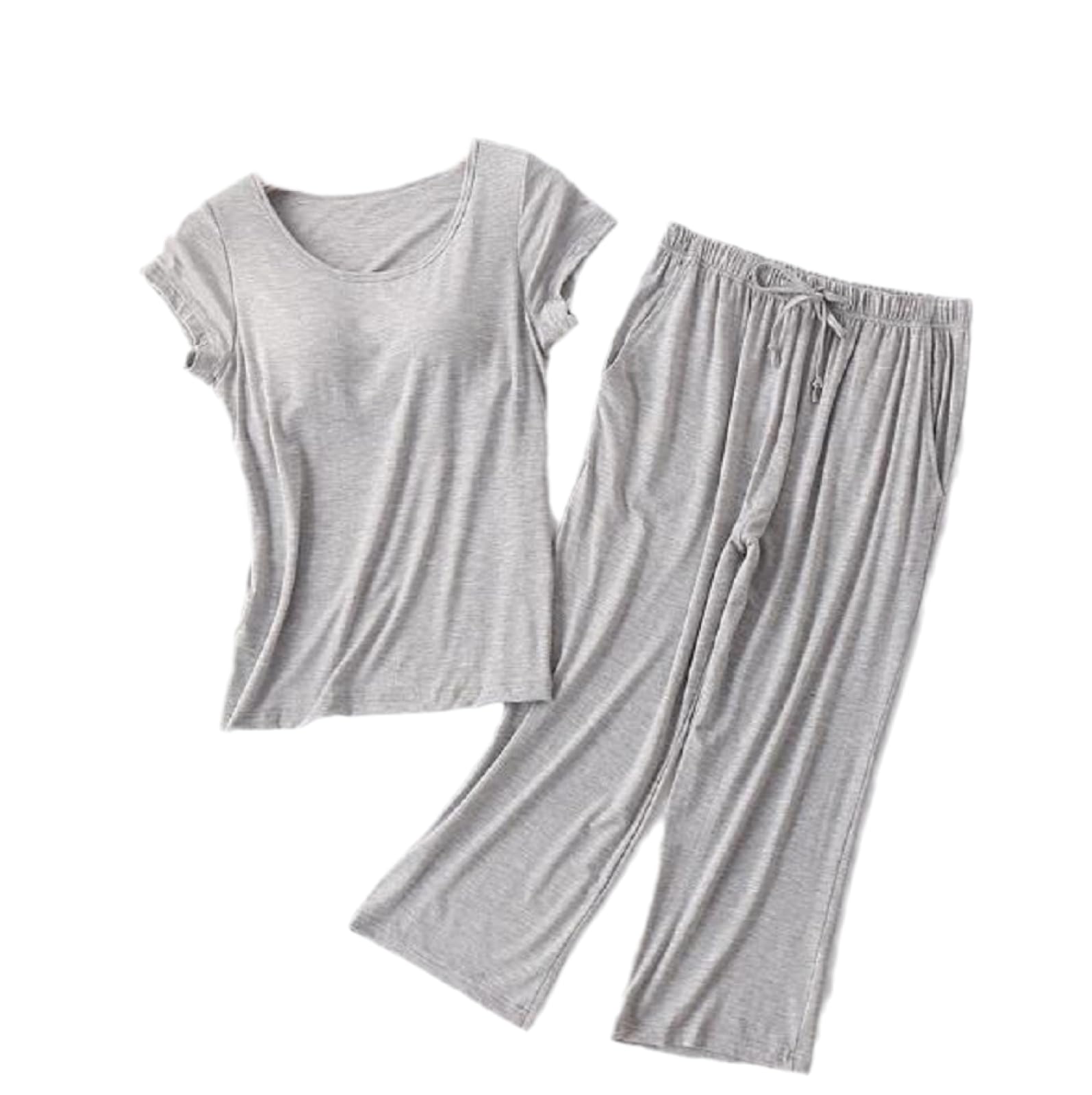Conjunto Pijamas - Cómoda Algodón Manga Corta para Mujer Primavera Verano Ropa Dormir Suelta Informal Simple De Color Sólido