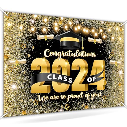 Avezano Black and Gold Graduation Backdrop Congrats Grad Class of 2024 Party Decorations Golden Glitter Graduation Prom Party Photoshoot Background We are So Proud of You Banner (7x5ft)