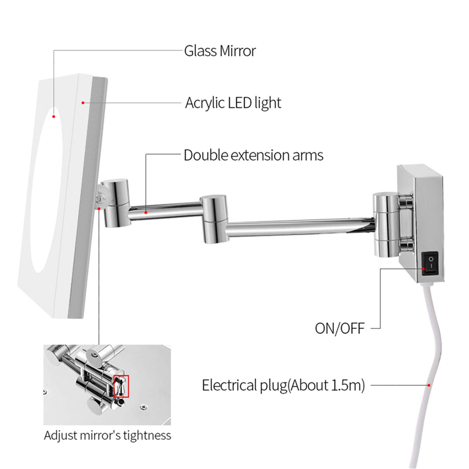 Schminkspiegel mit Beleuchtung und 3-facher Vergrößerung, verchromter LED-Badezimmer-Kosmetikspiegel zur Wandmontage, um 360 Grad schwenkbarer, ausziehbarer Rasierspiegel, Plug-in(Usb Charge)