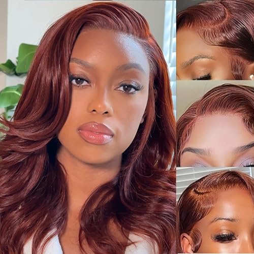 Nadula Pelucas onduladas de color marrón rojizo sin pegamento con encaje frontal HD 6 x 4.75 HD predepiladas 3S listas para usar para principiantes,