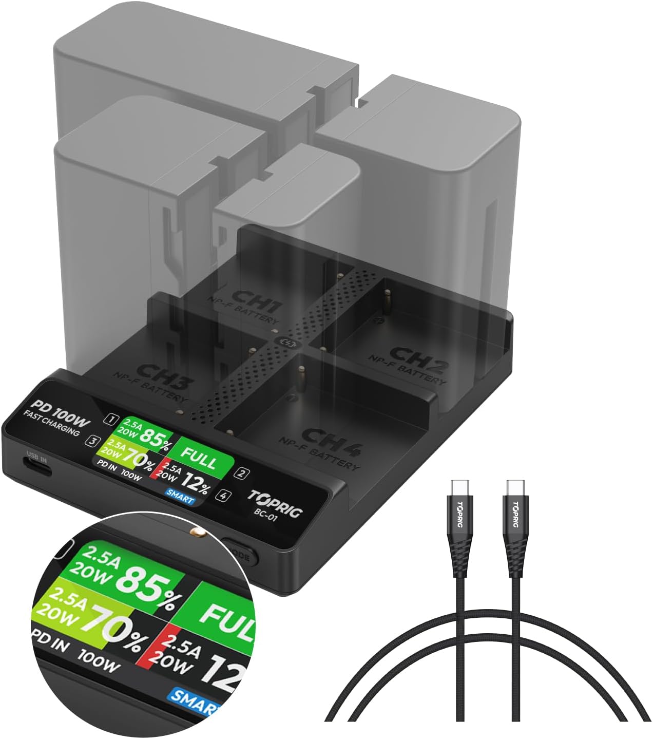 Accsoon Toprig NP-F970 Battery 4-Channel PD 100W Fast NP-F Battery Charger with LCD Display, Compatible with Sony NP-F550, NP-F750, NP-F770, NP-F960, NP-F970 or Other NP-F Series Camera Battery