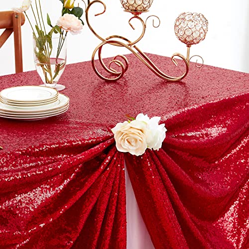 Image of B-COOL Sequin Fabric Tablecloth 50x50inch Red Sequin Table Cloth Square Dinner Party Wedding Tables