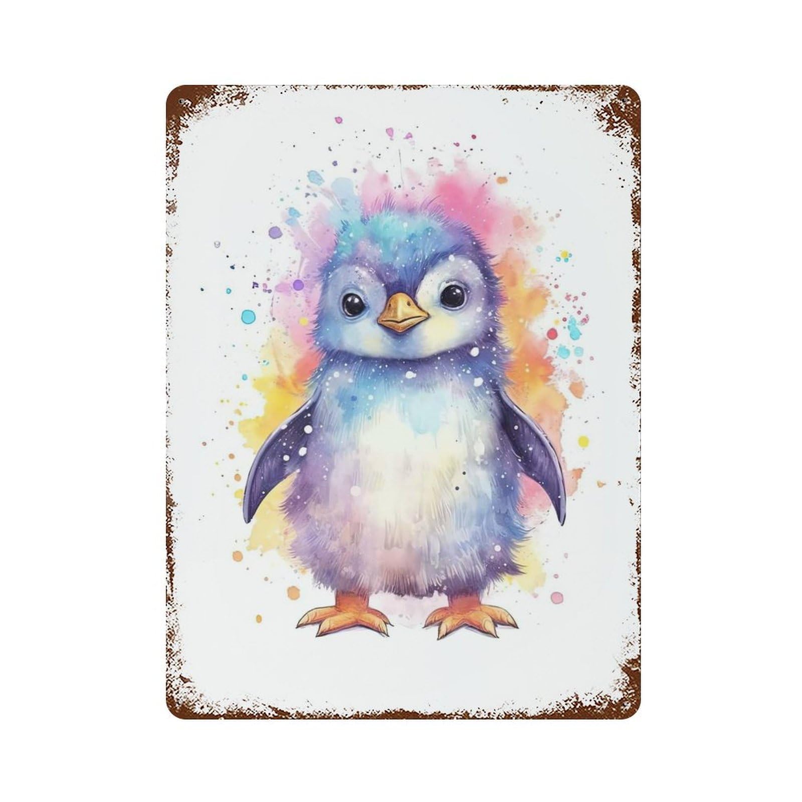 Cute Baby Penguin Painting Rust Effect Tin Sign 15.7"x11.8", Industrial Home Decor for Basement, Hobby Room And Garage Decor