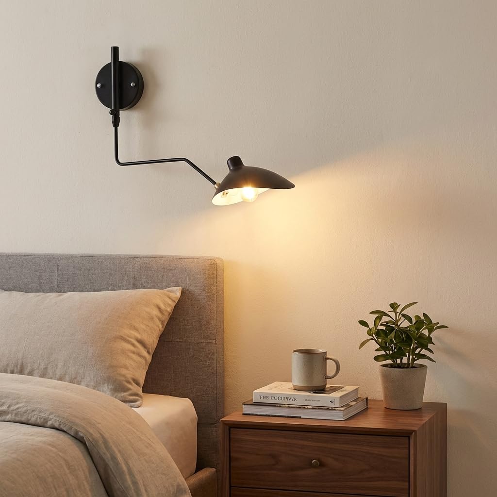 BARCELONA LED Applique da Parete Grande in Ferro Nero Stile Classico Moderno Vintage di Lusso, Braccio e Paralume Orientabili, Attacco E27, Lampada da Parete Design per Interni