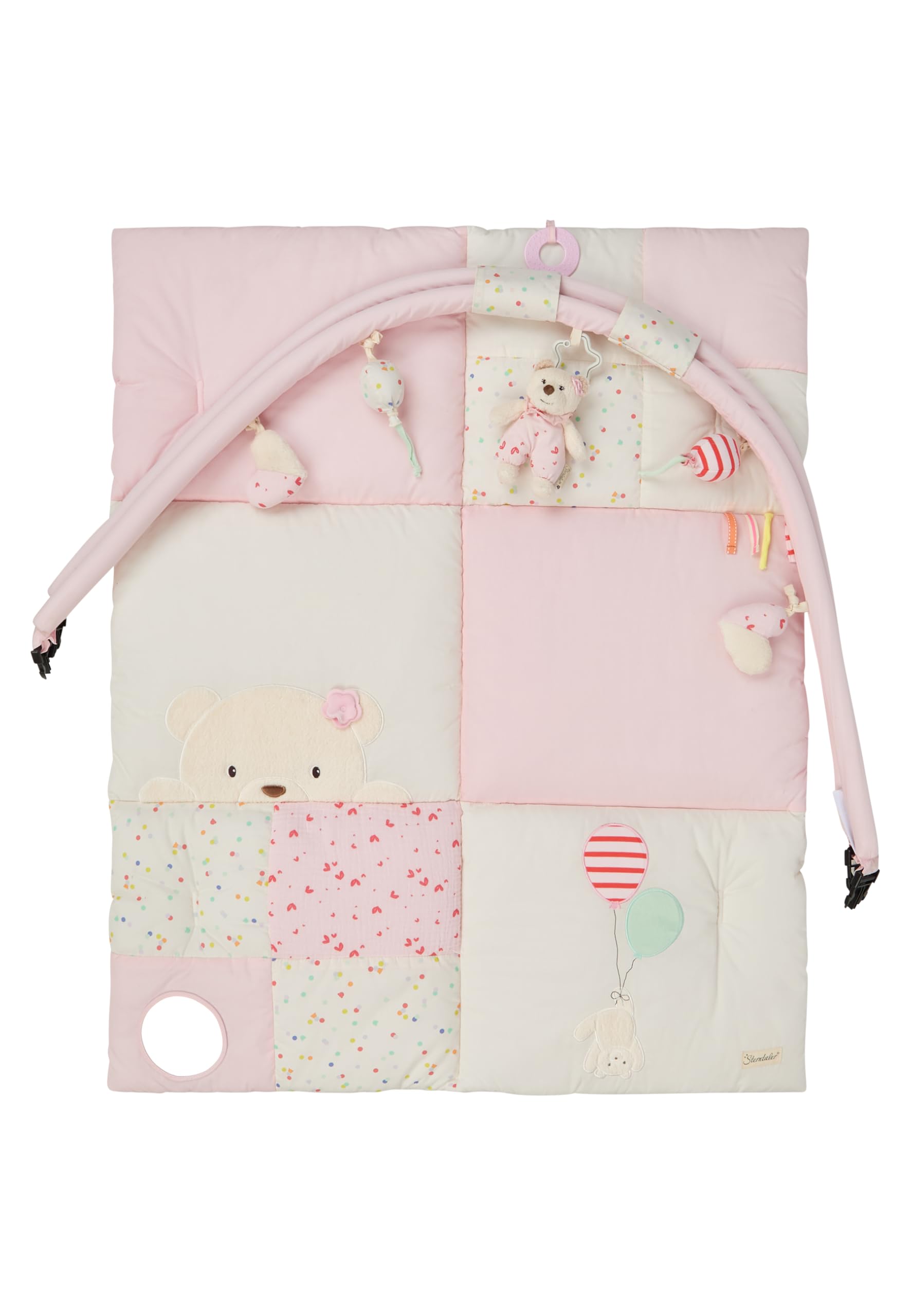 Sterntaler Spielbogen Bär Betty, Spielbogen mit Patchwork-Design, Stickmotive, Beißring, Spiegel, Rassel, Quietsche und Knisterpapier, abnehmbarer Bogen und Spielteile, wattiert, 100×80×3 cm, rosa