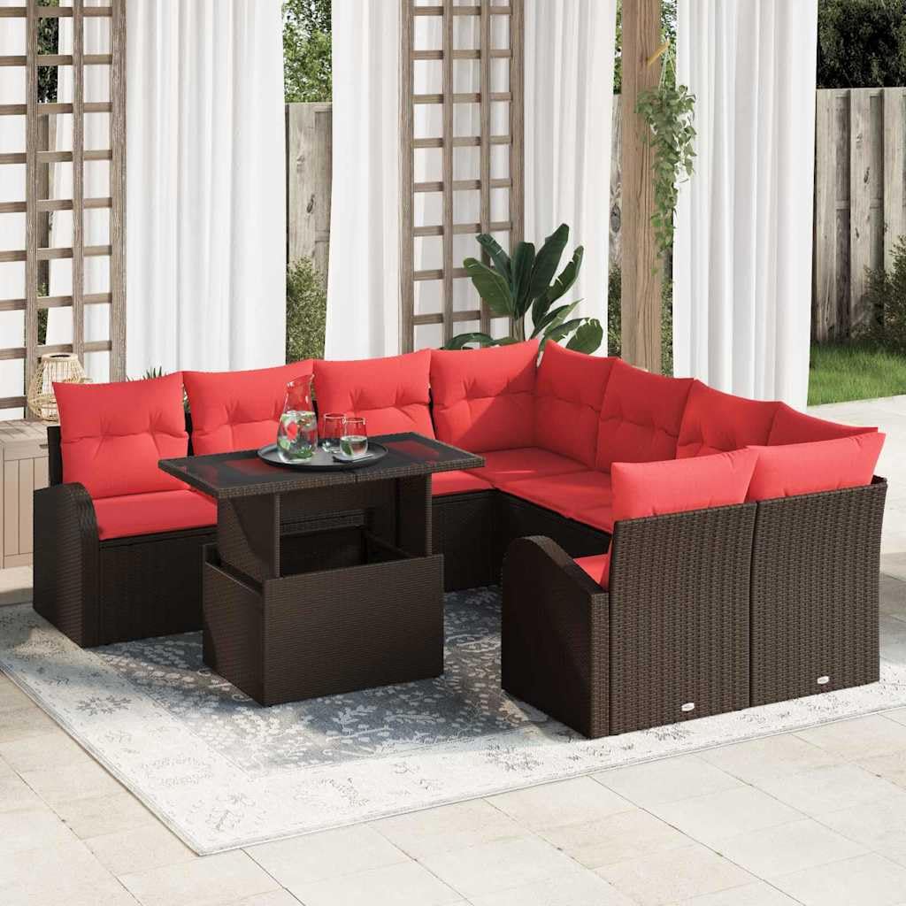 Salon de Jardin Modulable 9 Pièces en Résine Tressée Polyrotin, Ensemble de Canapé d'Extérieur Marron pour 8 Personnes avec Table et Coussins Confortables, Mobilier pour Terrasse et Balcon