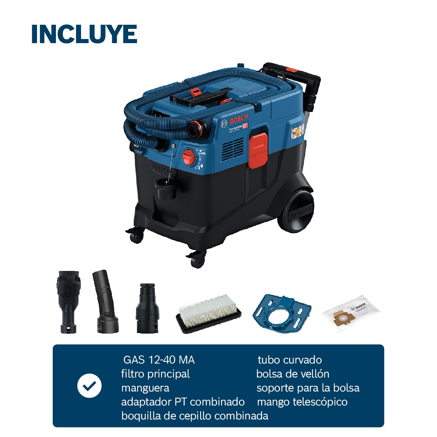 Bosch Professional aspirador universal GAS 12-40 MA (1200 W, limpieza automática del filtro (AFC), con filtro principal, manguera, adaptador PT combinado, boquilla de cepillo combinada)