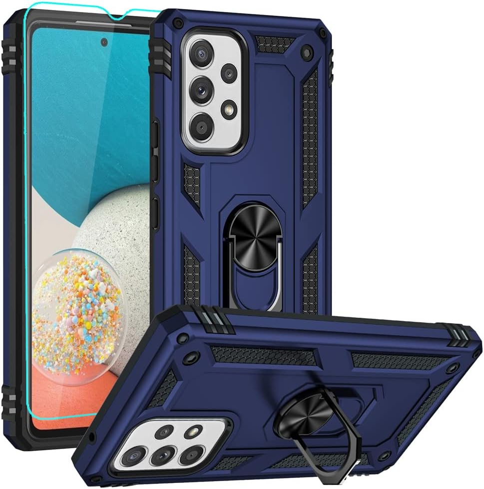 Androgate for Galaxy A53 5G Case, Samsung A53 5G Case with HD Screen Protector, Military-Grade Ring Holder Kickstand Car Mount 15ft Drop Tested Shockproof Cover Phone Case for Galaxy A53 5G, Blue