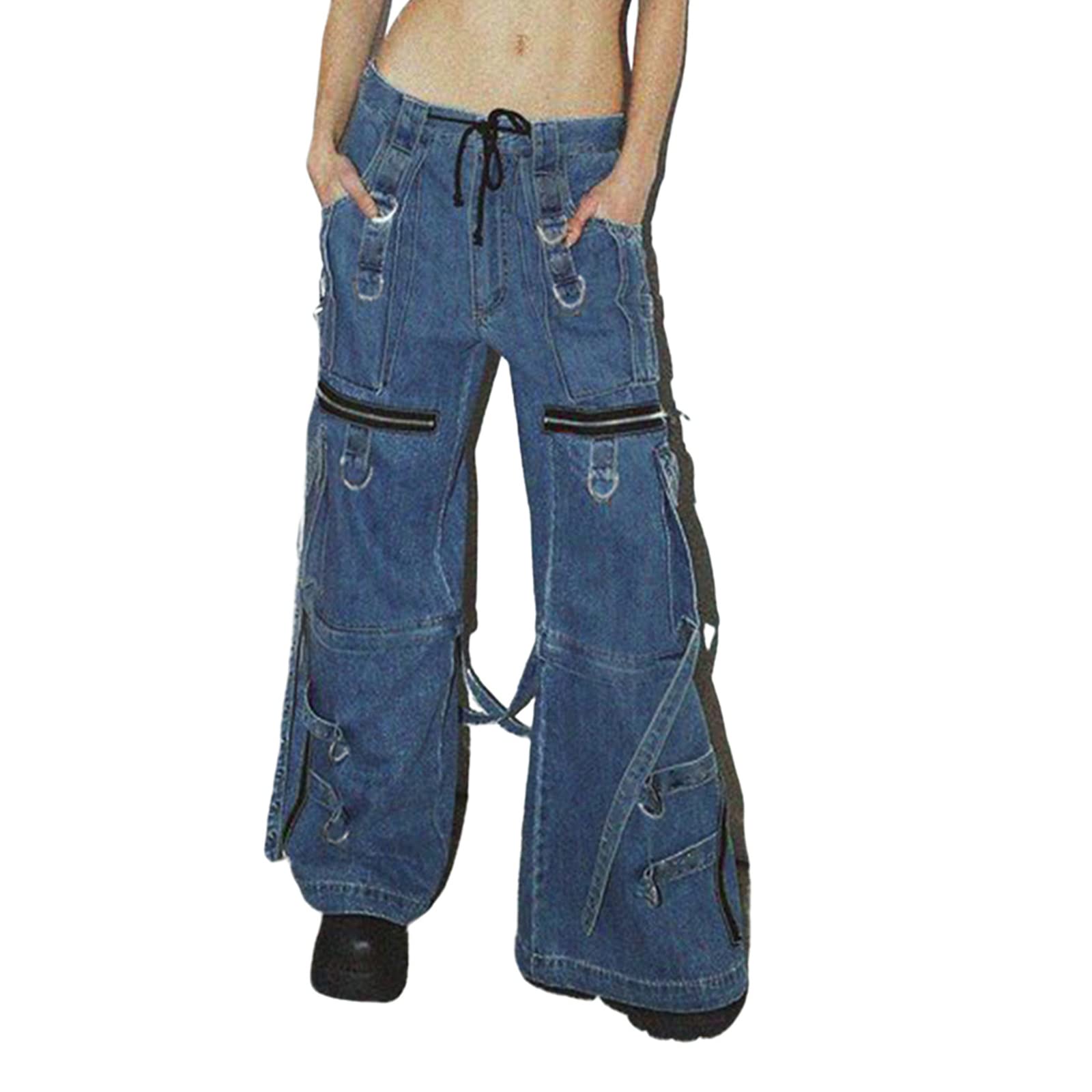 Pantaloni cargo larghi a vita bassa per le donne modelli a stella lunghi jeans estetici Harajuku grunge gamba dritta con tasche, Multi Pocket Denim Blu, S